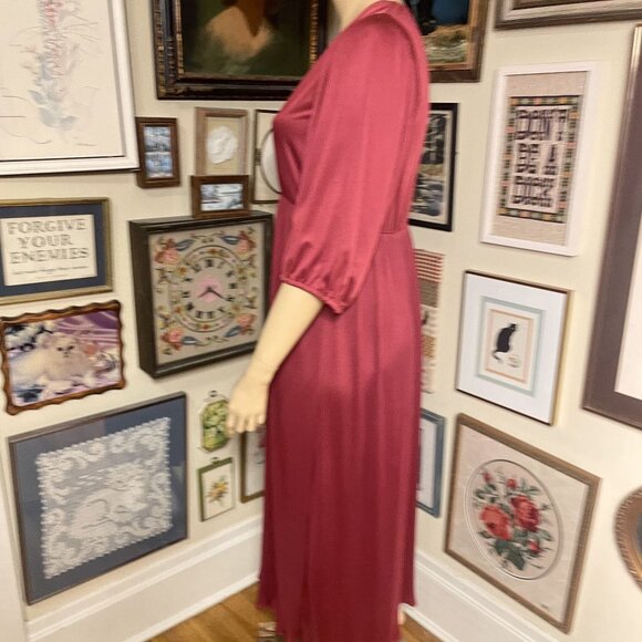 70s Vintage Burgundy Red Long Sleeve Cross Bust Pleated Maxi Dress Size LG - Picture 3 of 7